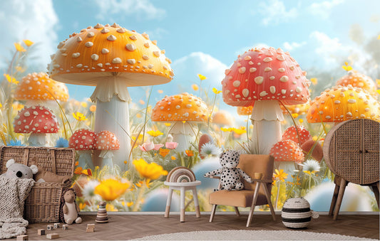 Sunny Mushroom Field Vibrant Floral Wallpaper – peel and stick wallpaper mural, Golden Era Walls