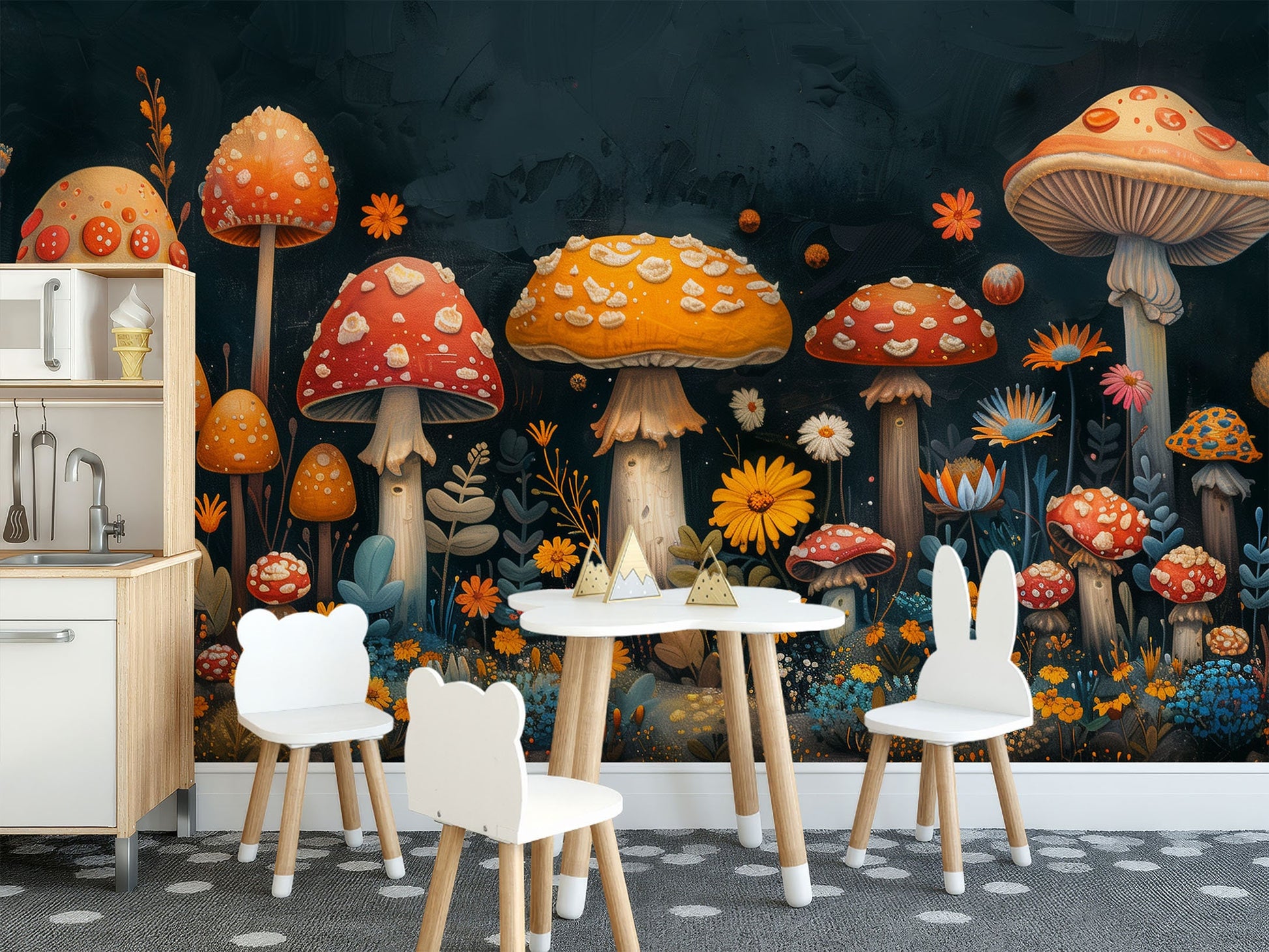 Colorful Mushroom Fantasy Easy Floral Wallpaper – room setting, Golden Era Walls