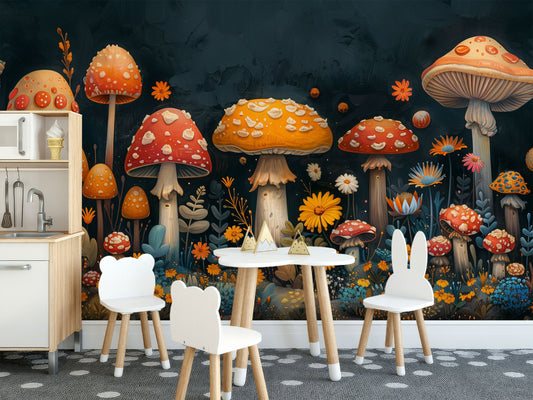 Colorful Mushroom Fantasy Easy Floral Wallpaper – room setting, Golden Era Walls