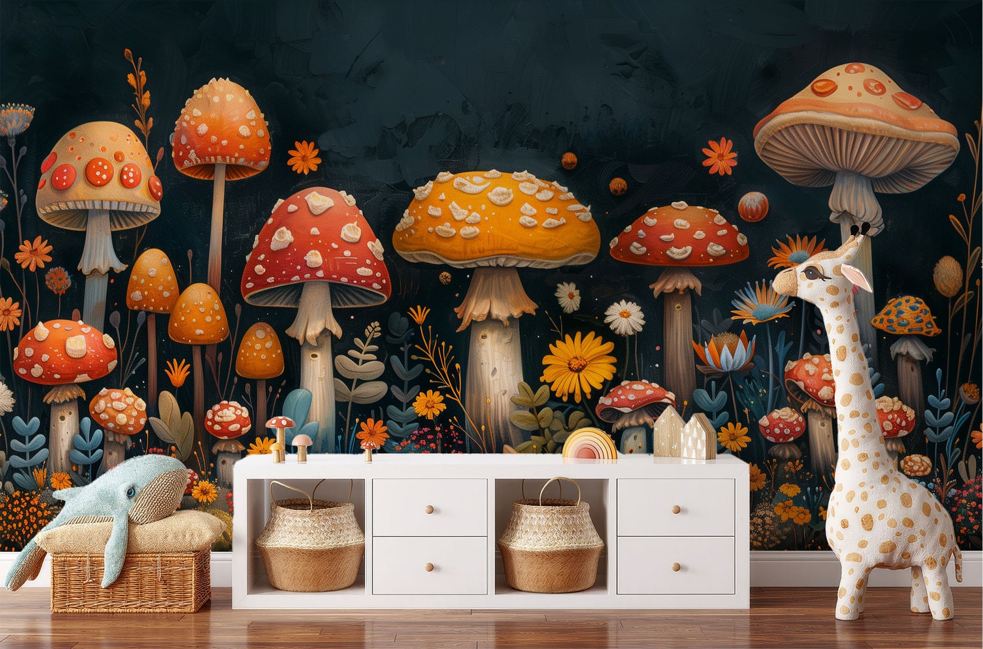 Colorful Mushroom Fantasy Easy Floral Wallpaper – lifestyle view, Golden Era Walls