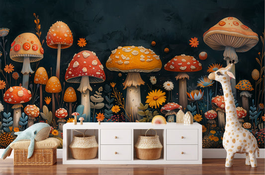 Colorful Mushroom Fantasy Easy Floral Wallpaper – lifestyle view, Golden Era Walls