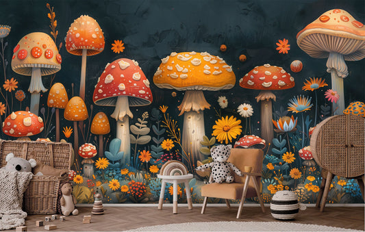 Colorful Mushroom Fantasy Easy Floral Wallpaper – peel and stick wallpaper mural, Golden Era Walls