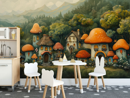 Colorful Cartoon Mushroom Town Floral Wallpaper – detail view, Golden Era Walls