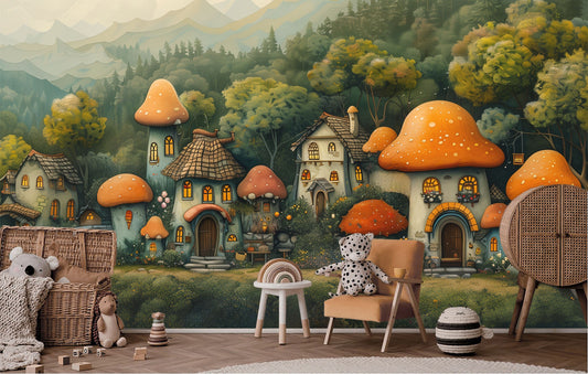 Colorful Cartoon Mushroom Town Floral Wallpaper – room setting, Golden Era Walls