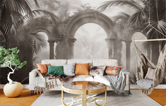 Ancient Roman Gothic Arches Tropical Wallpaper – room setting, Golden Era Walls