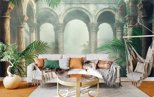 Dreamy Foggy Arches Non Tropical Wallpaper – room setting, Golden Era Walls