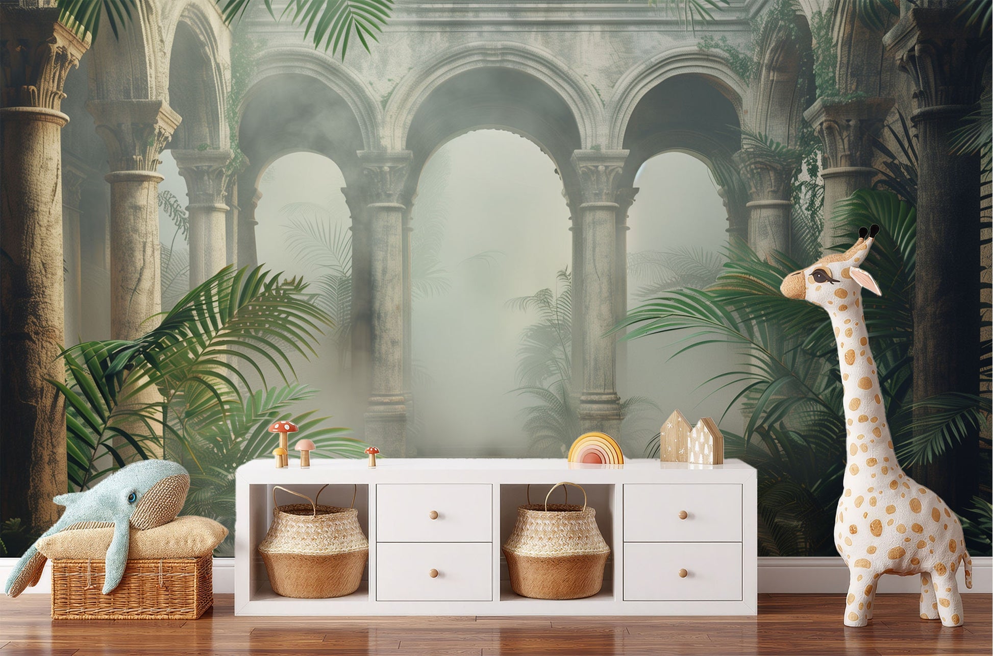 Dreamy Foggy Arches Non Tropical Wallpaper – scale reference, Golden Era Walls