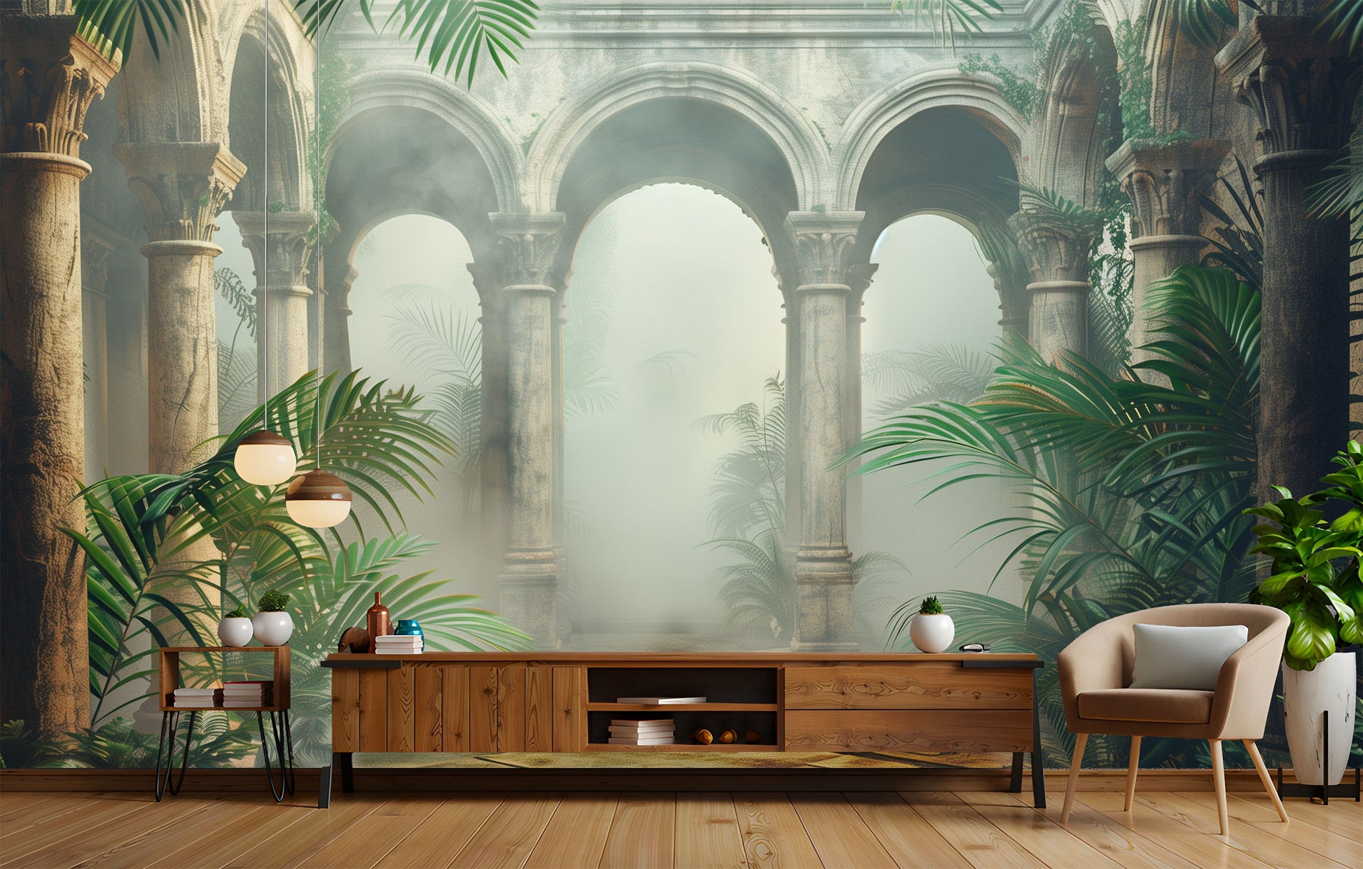 Dreamy Foggy Arches Non Tropical Wallpaper – peel and stick wallpaper mural, Golden Era Walls