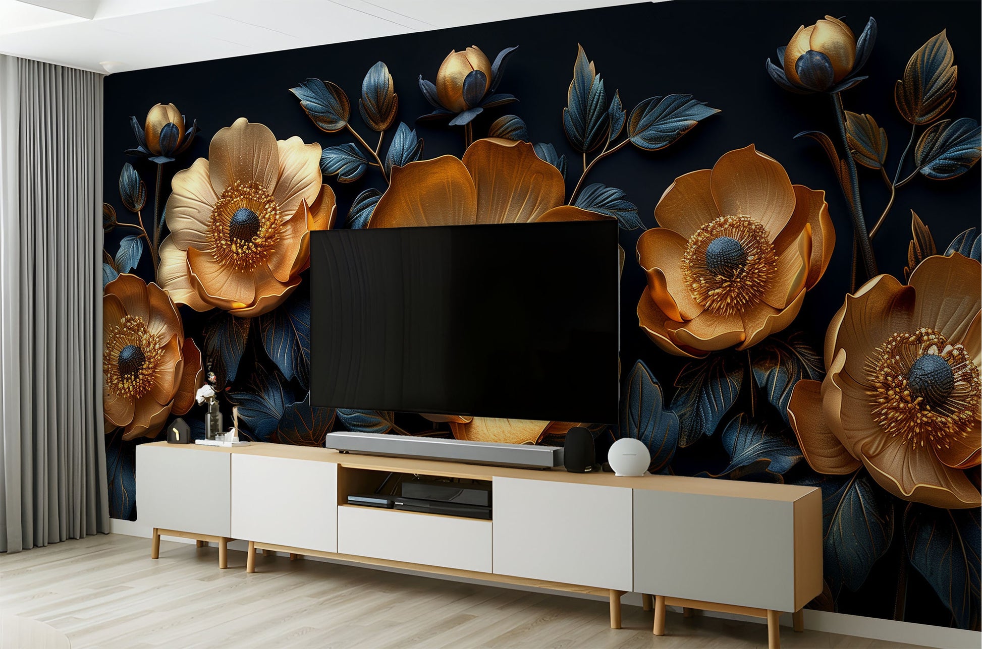 Stylish Gold Flower Modern Floral Wallpaper – room setting, Golden Era Walls