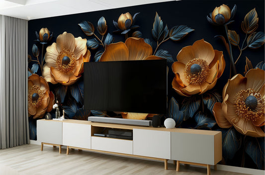 Stylish Gold Flower Modern Floral Wallpaper – room setting, Golden Era Walls