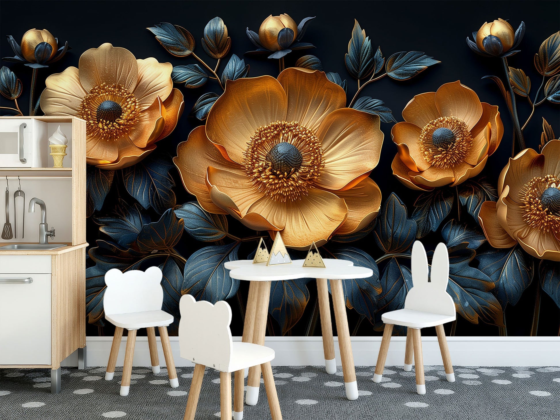Stylish Gold Flower Modern Floral Wallpaper – lifestyle view, Golden Era Walls