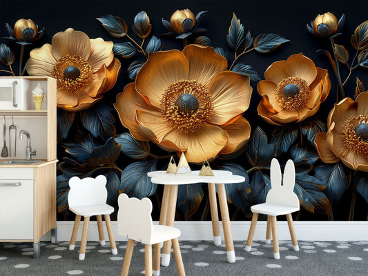 Stylish Gold Flower Modern Floral Wallpaper – lifestyle view, Golden Era Walls