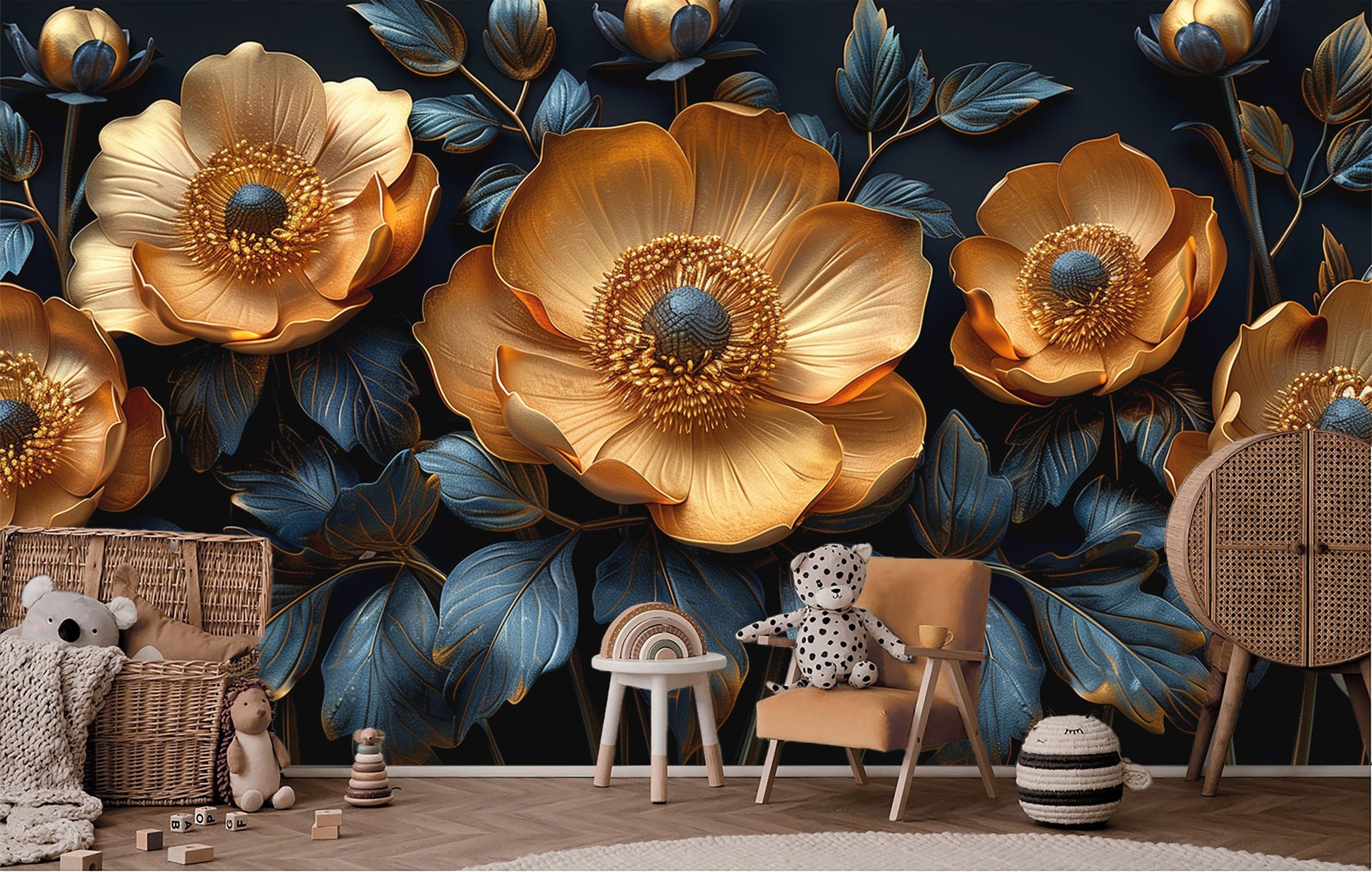 Stylish Gold Flower Modern Floral Wallpaper – scale reference, Golden Era Walls