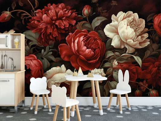 Rich Floral Deep Ruby Floral Wallpaper – detail view, Golden Era Walls