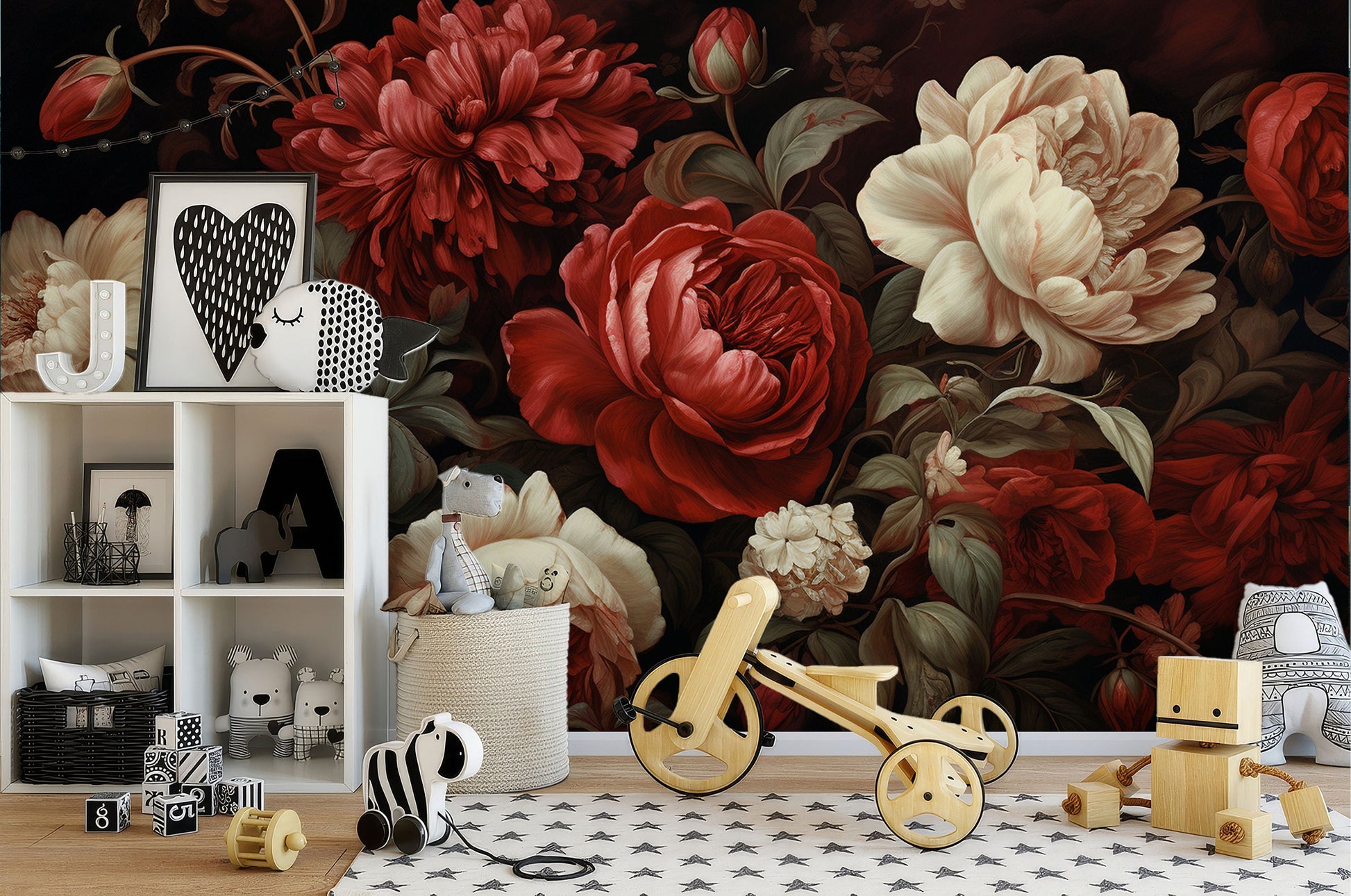 Rich Floral Deep Ruby Floral Wallpaper – scale reference, Golden Era Walls