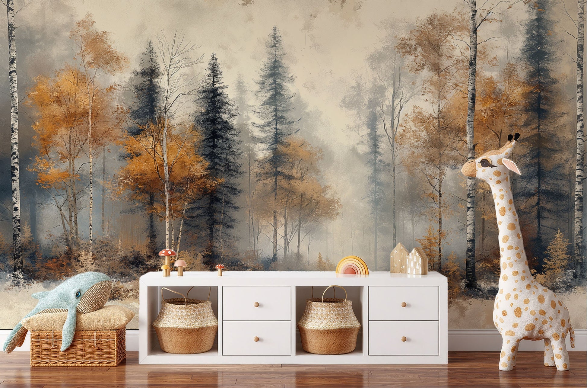 Winter Forest Abstract Premium Geometric Wallpaper – room setting, Golden Era Walls