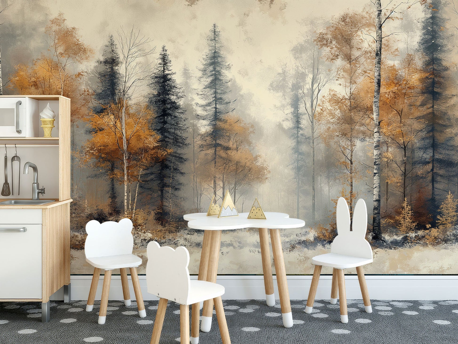 Winter Forest Abstract Premium Geometric Wallpaper – scale reference, Golden Era Walls