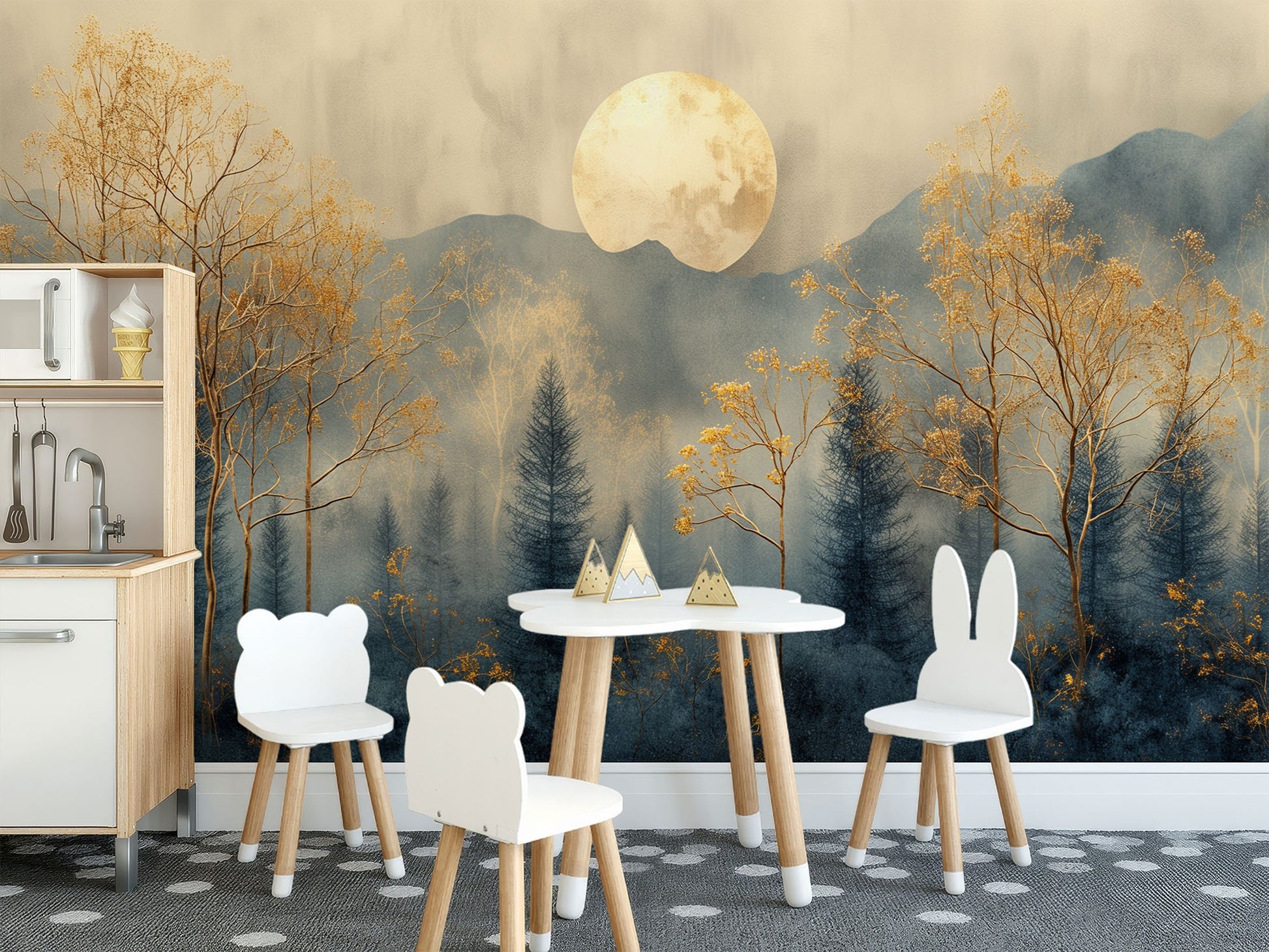 High Quality Winter Trees Geometric Wallpaper – lifestyle view, Golden Era Walls