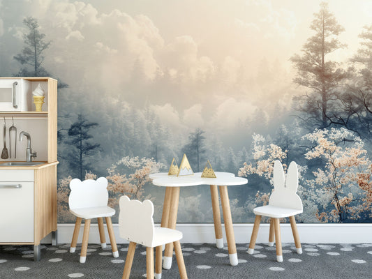 Dreamy Forest Misty Woodland Coastal Wallpaper – lifestyle view, Golden Era Walls