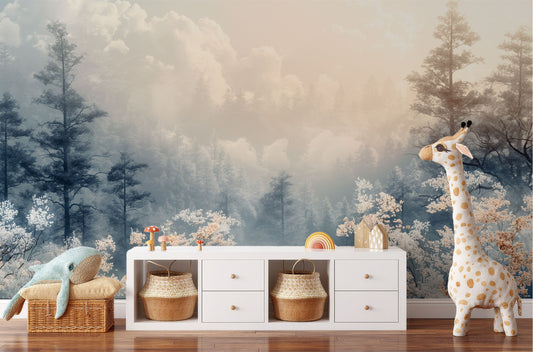 Dreamy Forest Misty Woodland Coastal Wallpaper – peel and stick wallpaper mural, Golden Era Walls