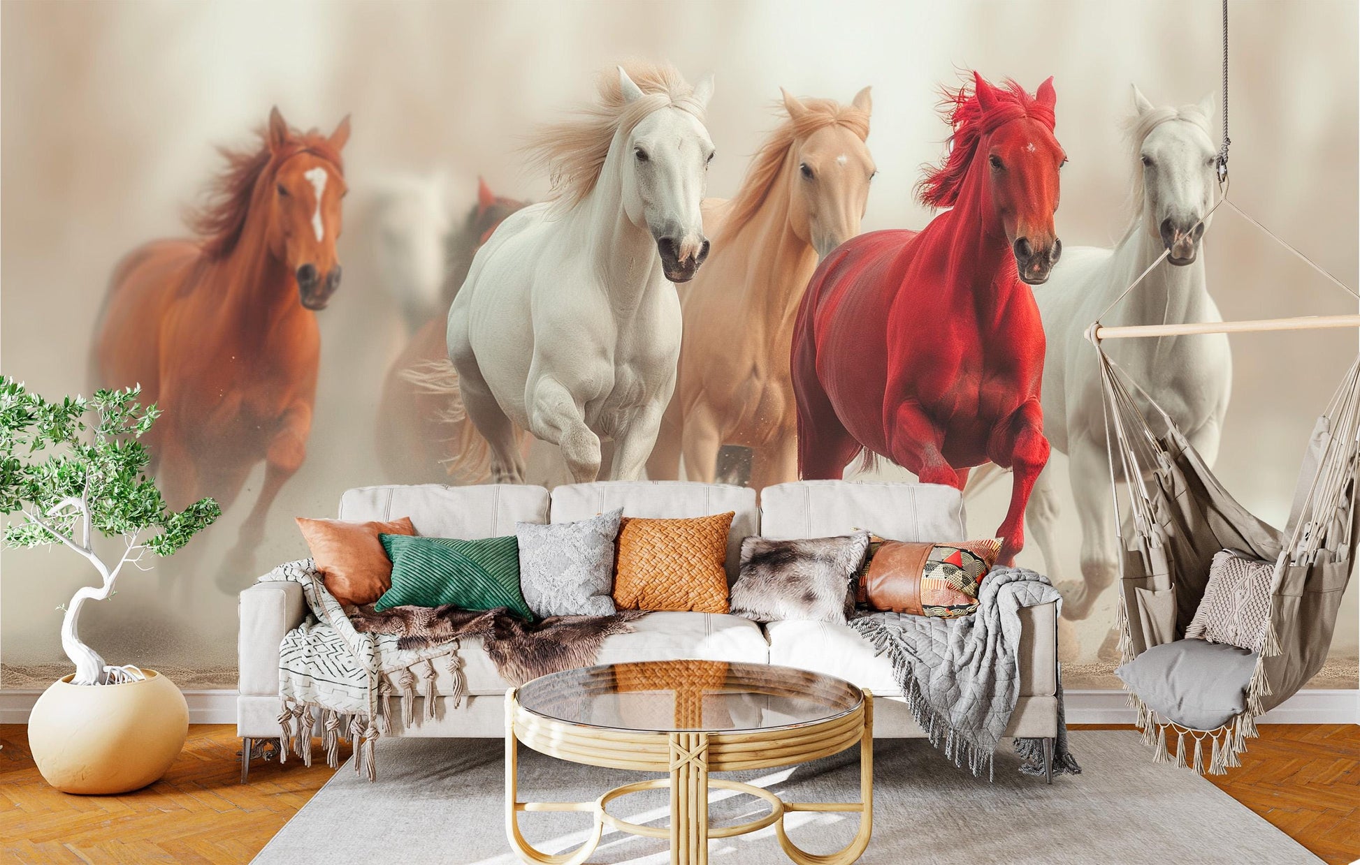 Wild Horses Running Dynamic Wallpaper – room setting, Golden Era Walls