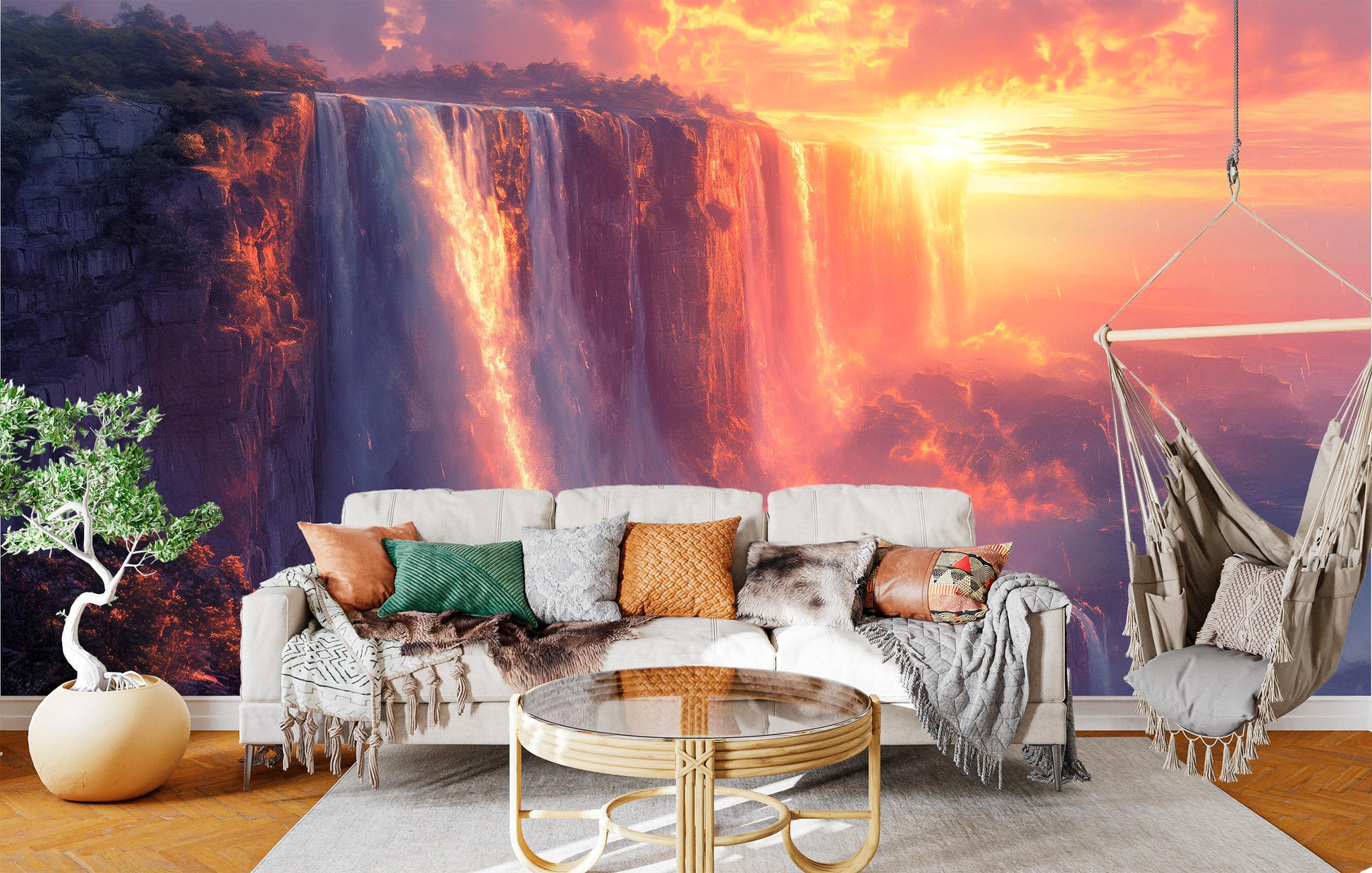 Waterfalls at Sunset Art Coastal Wallpaper – peel and stick wallpaper mural, Golden Era Walls