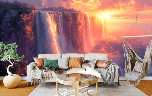 Waterfalls at Sunset Art Coastal Wallpaper – peel and stick wallpaper mural, Golden Era Walls