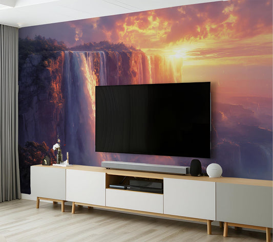 Waterfalls at Sunset Art Coastal Wallpaper – lifestyle view, Golden Era Walls