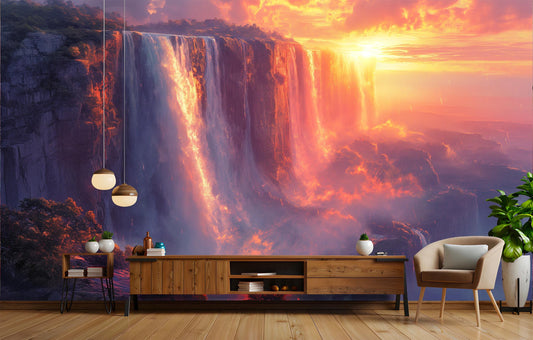 Waterfalls at Sunset Art Coastal Wallpaper – room setting, Golden Era Walls