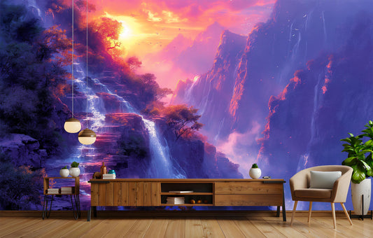 Vivid Nature Sunset Waterfall Coastal Wallpaper – peel and stick wallpaper mural, Golden Era Walls