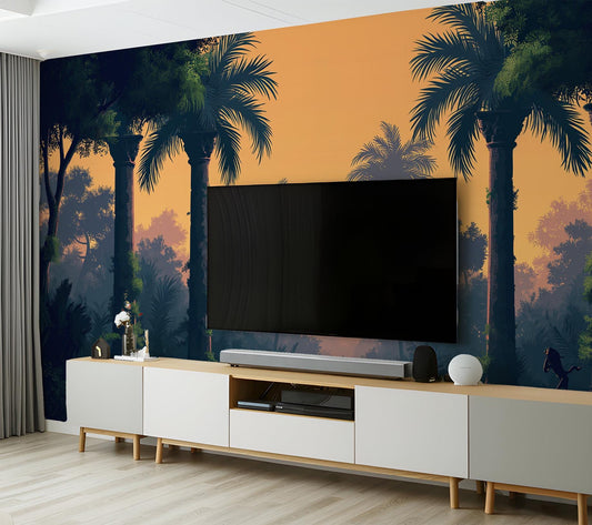 Vintage Palm Trees Arches Floral Wallpaper – room setting, Golden Era Walls