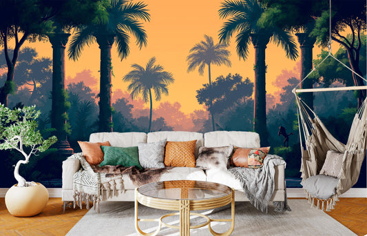Vintage Palm Trees Arches Floral Wallpaper – detail view, Golden Era Walls