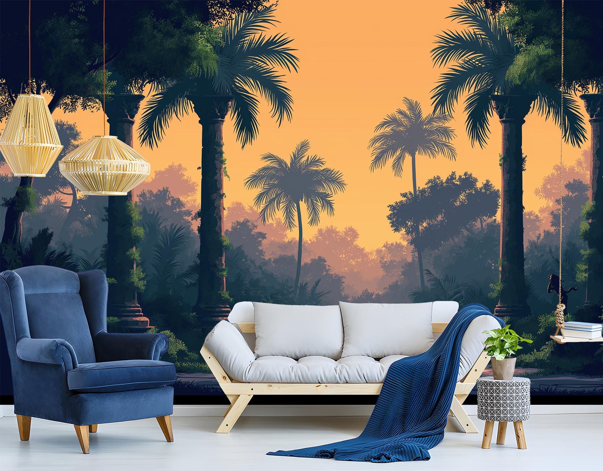 Vintage Palm Trees Arches Floral Wallpaper – lifestyle view, Golden Era Walls