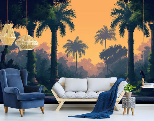 Vintage Palm Trees Arches Floral Wallpaper – lifestyle view, Golden Era Walls