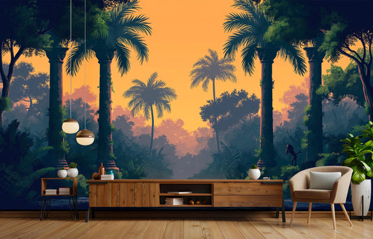 Vintage Palm Trees Arches Floral Wallpaper – peel and stick wallpaper mural, Golden Era Walls