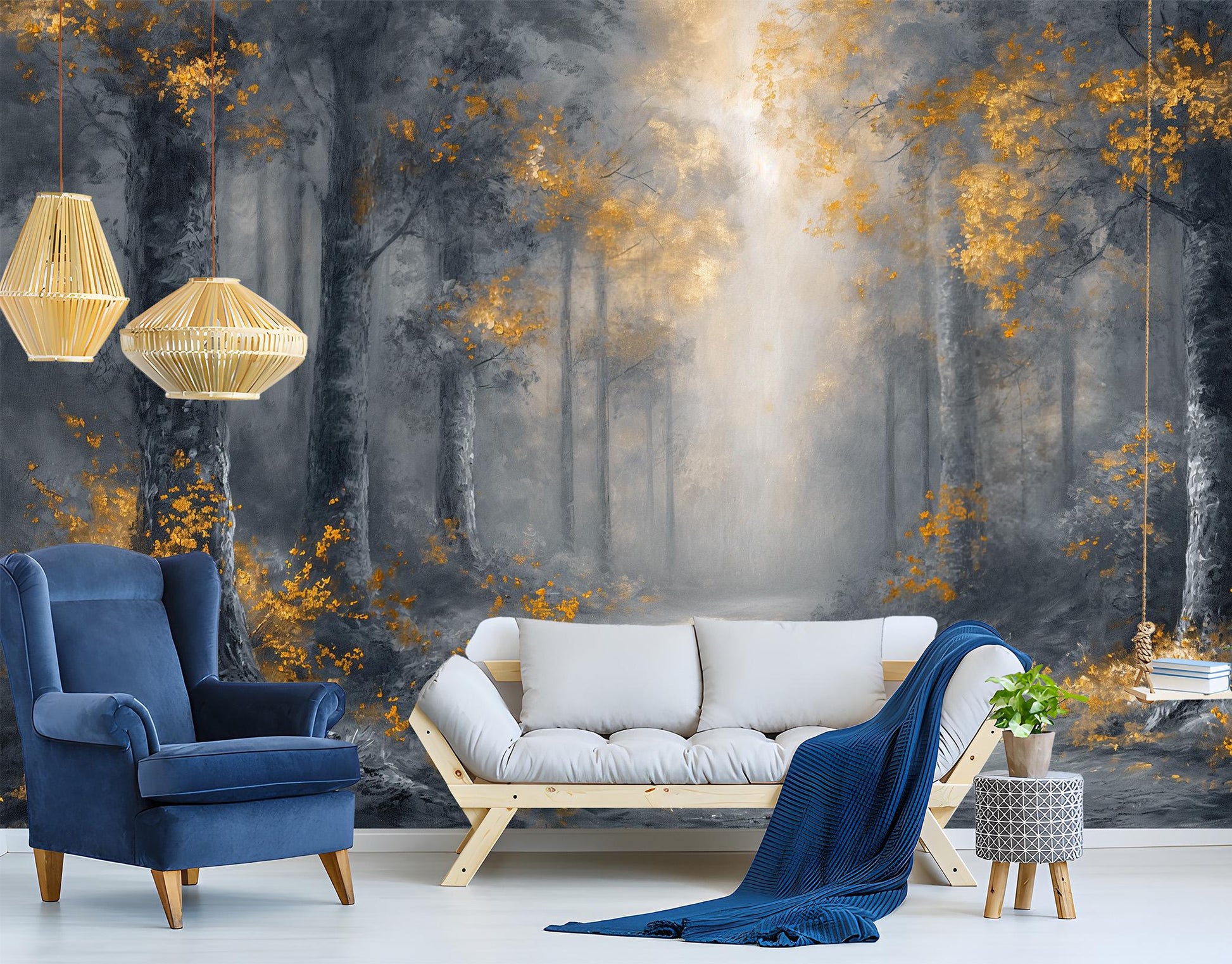 Vintage Coastal Village Boats Coastal Wallpaper – lifestyle view, Golden Era Walls