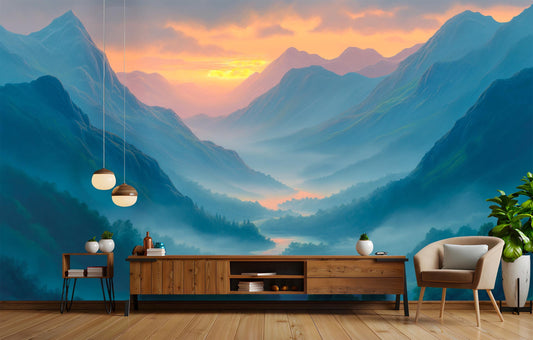Valley at Sunrise Perfect Wallpaper – room setting, Golden Era Walls