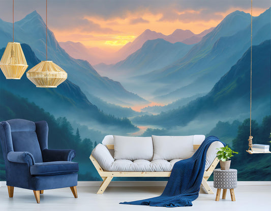 Valley at Sunrise Perfect Wallpaper – peel and stick wallpaper mural, Golden Era Walls