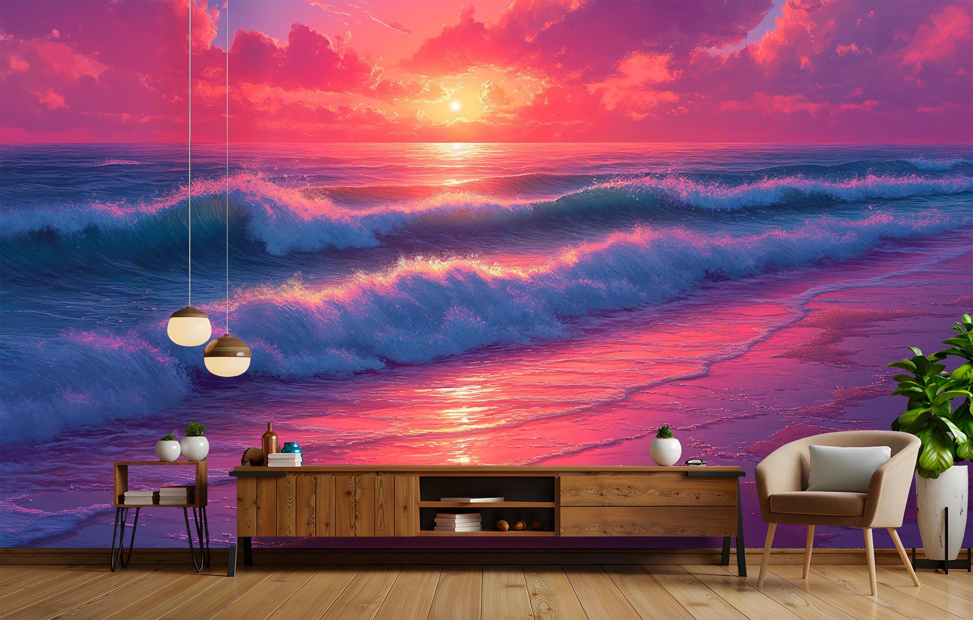 Sunset Ocean Waves Coastal Wallpaper – lifestyle view, Golden Era Walls