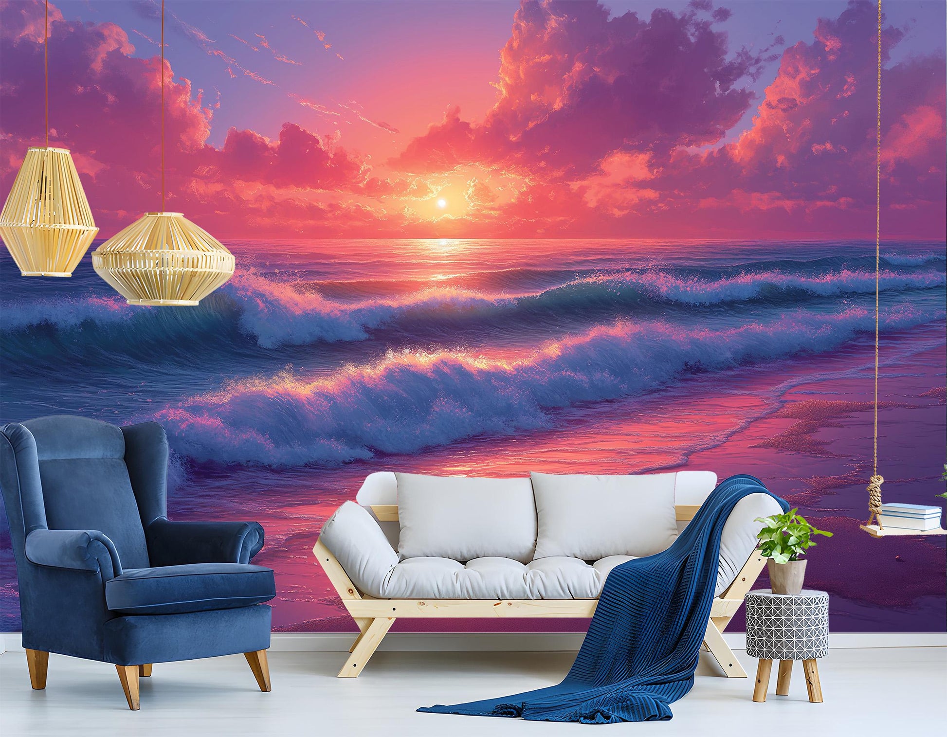 Sunset Ocean Waves Coastal Wallpaper – room setting, Golden Era Walls
