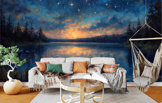 Twilight Lake Reflection Non Wallpaper – lifestyle view, Golden Era Walls