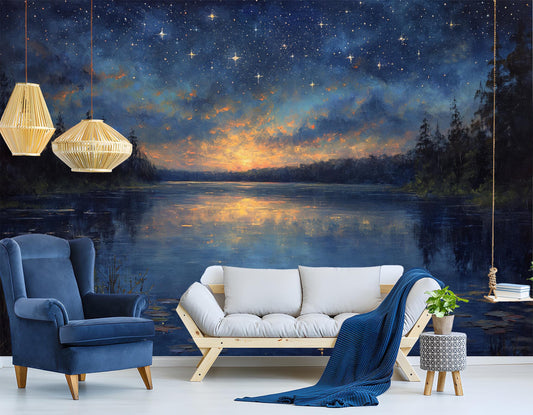 Twilight Lake Reflection Non Wallpaper – peel and stick wallpaper mural, Golden Era Walls