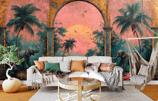Tropical Jungle Elephant Scene Tropical Wallpaper – peel and stick wallpaper mural, Golden Era Walls