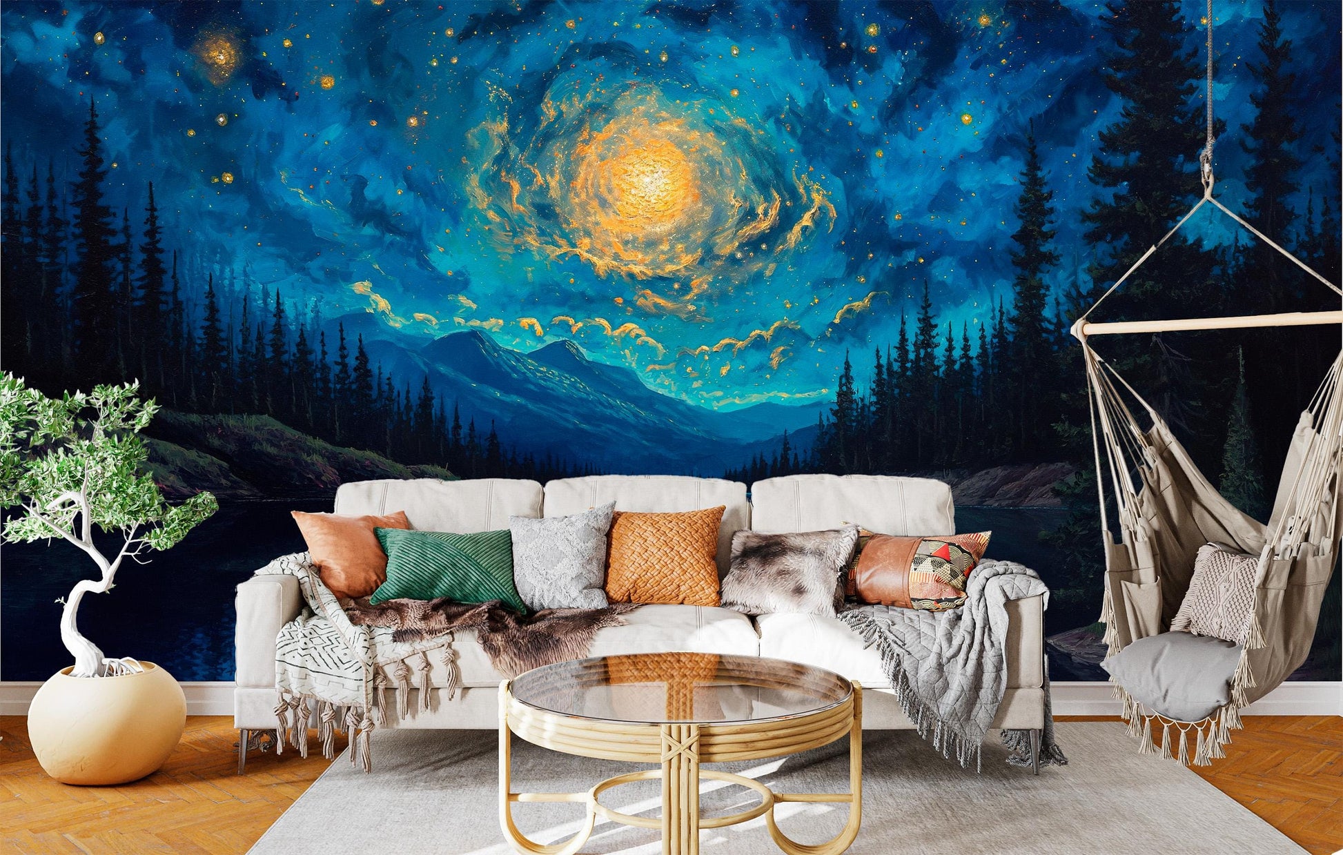 Swirling Night Sky Lake Wallpaper – detail view, Golden Era Walls