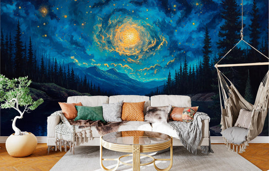 Swirling Night Sky Lake Wallpaper – detail view, Golden Era Walls