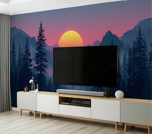 Sunset Over Pine Forest Wallpaper – detail view, Golden Era Walls