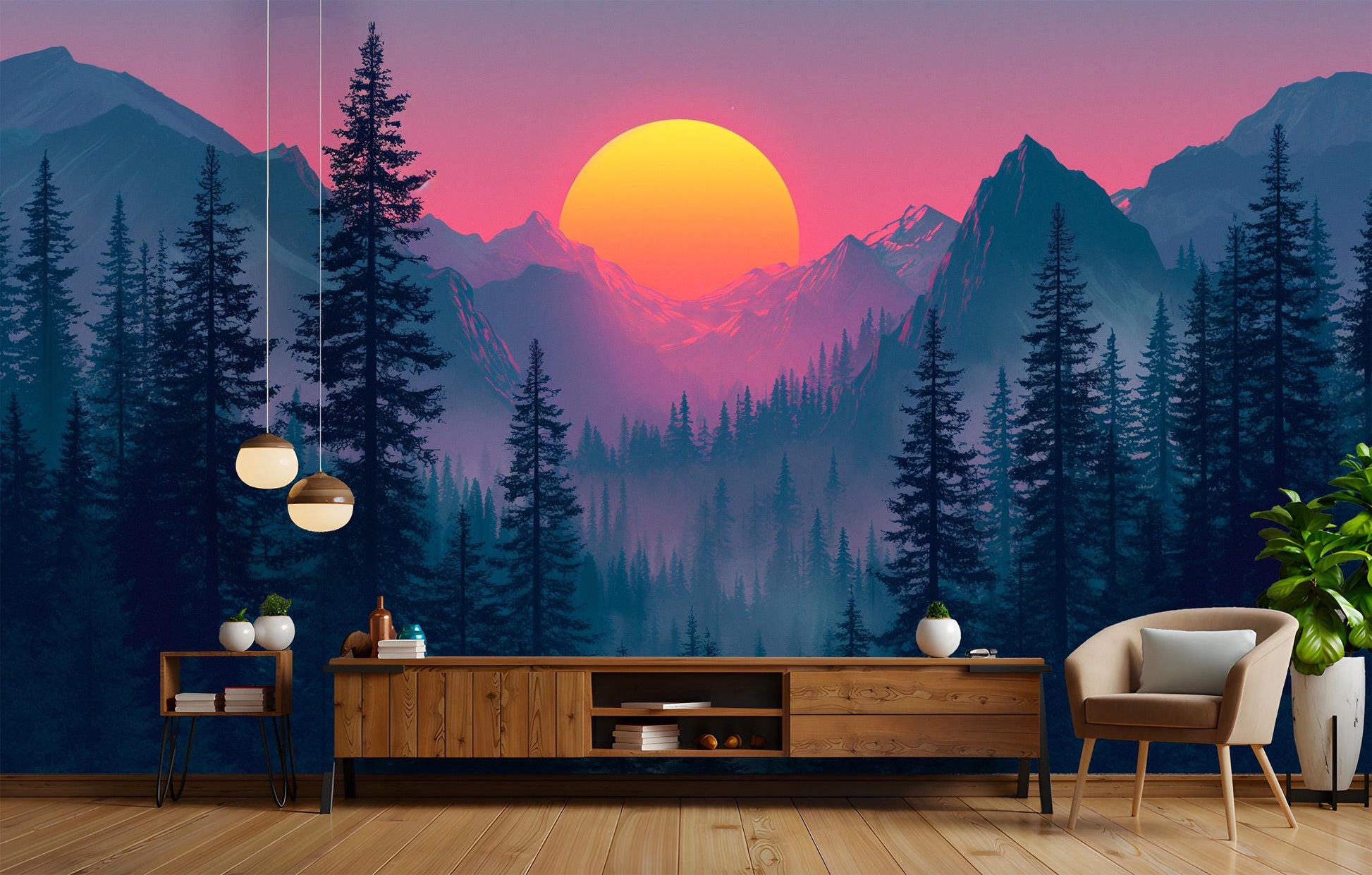 Sunset Over Pine Forest Wallpaper – peel and stick wallpaper mural, Golden Era Walls