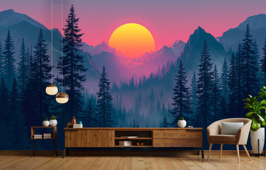 Sunset Over Pine Forest Wallpaper – peel and stick wallpaper mural, Golden Era Walls