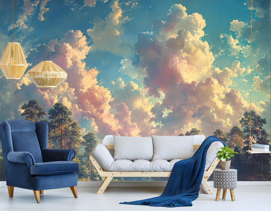 Sunrise Through Majestic Clouds Wallpaper – lifestyle view, Golden Era Walls