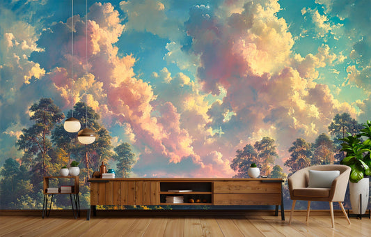 Sunrise Through Majestic Clouds Wallpaper – room setting, Golden Era Walls